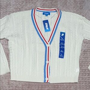 Prince Pickleball Women's Cable Knit Cardigan in Red and Blue Trim